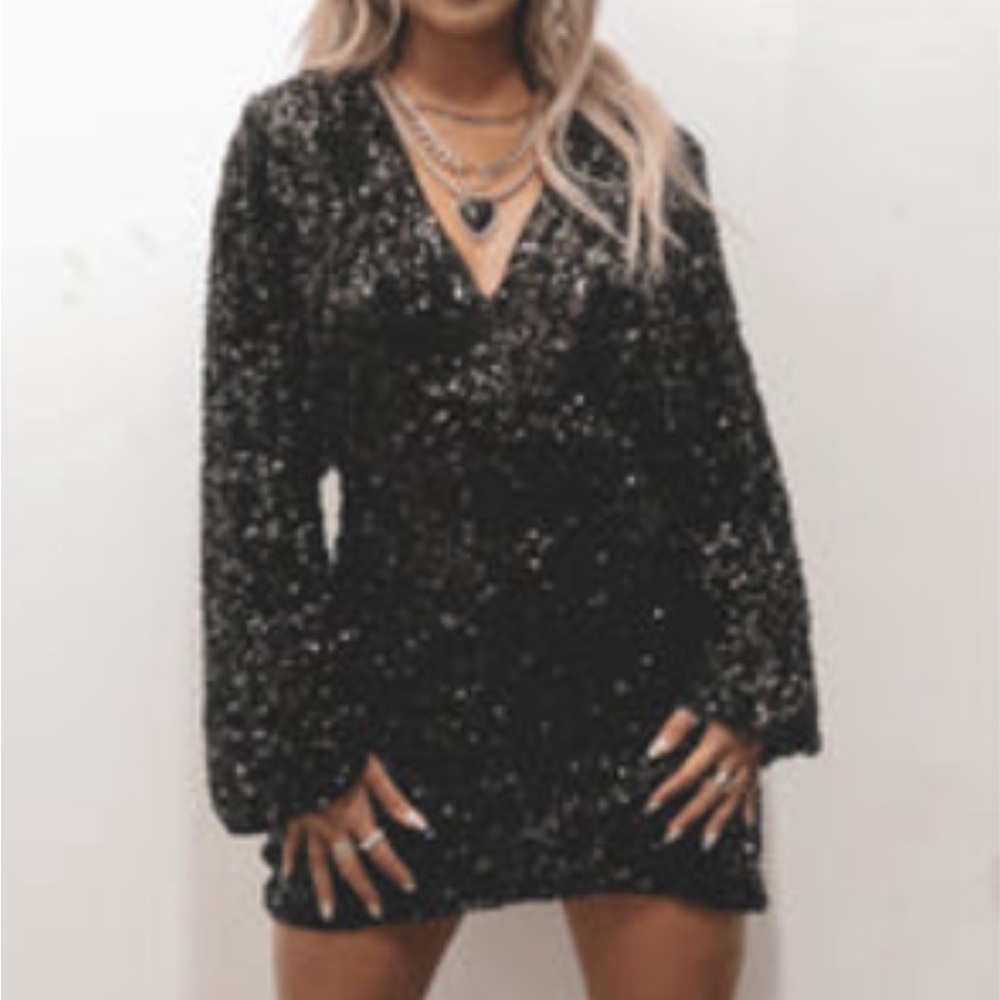 Amazing Lace Longing For You Black Long Sleeve Sequins Dress - Medium, Black